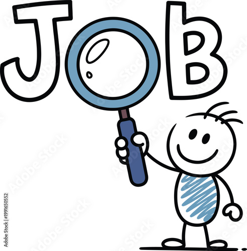 Stick figure holding a magnifying glass looking for a job