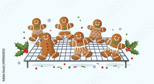 Six festive gingerbread people cool on a wire rack, decorated with holly