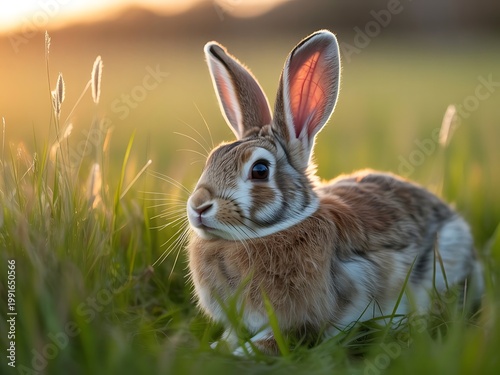 Rabbit Resting in Grass at Sunset