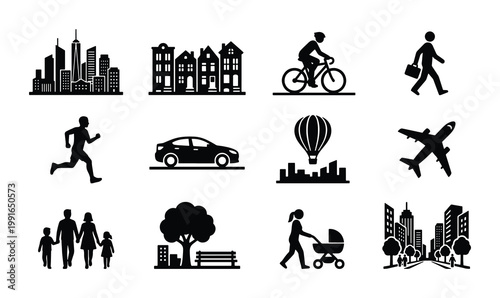 Urban life silhouette icons set, city lifestyle and transportation vector elements, black and white metropolitan symbols for infographics and maps