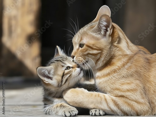 Mother Cat Grooming Kitten
