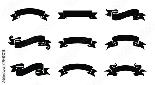 Vintage black ribbon banners set, 9 decorative scroll vector elements, classic heraldic ribbon silhouettes for labels and certificates