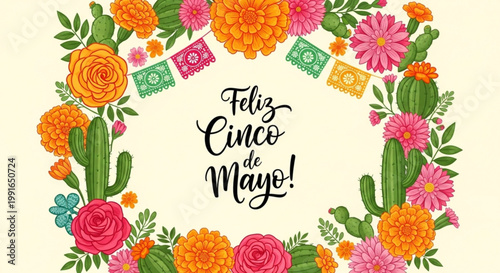 Feliz Cinco de Mayo floral wreath with cacti and papel picado vibrant Mexican celebration illustration for festive invitations and decorations