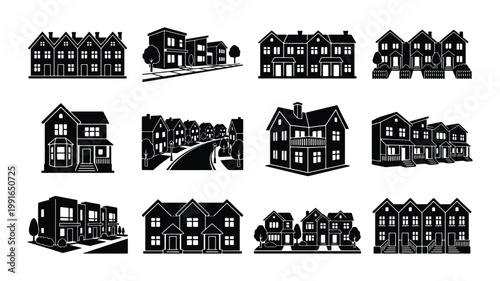 Black and white house icons set, residential building silhouettes vector collection, suburban neighborhood architecture and real estate property symbols