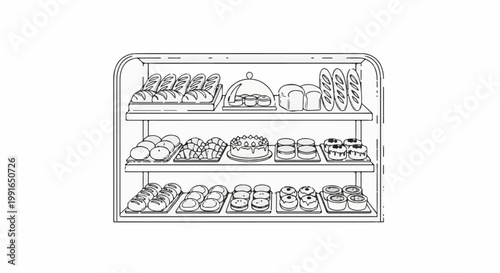 Sketch of a bakery display case filled with various breads, cakes, and pastries