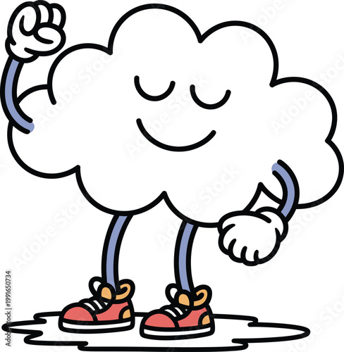 Cartoon cloud character with a happy face, arms, and legs wearing sneakers, standing on a puddle