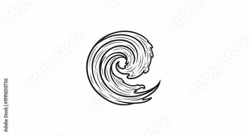 Stylized black and white drawing of a swirling water wave