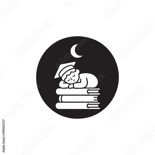 Minimalist Black And White Scholar Sleeping On Books Under A Crescent Moon.