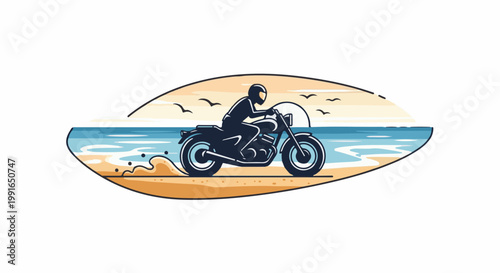 Silhouette of a person riding a motorcycle on a beach at sunset