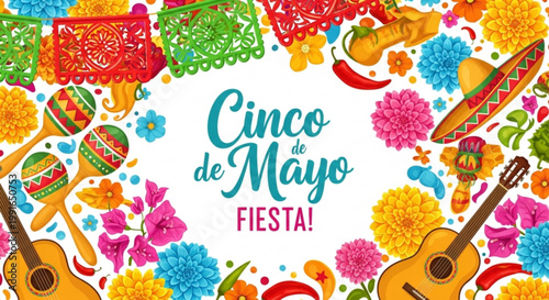 Cinco de Mayo Fiesta illustration with traditional Mexican elements like sombreros maracas guitars and colorful papel picado banners perfect for festive invitations and decorations