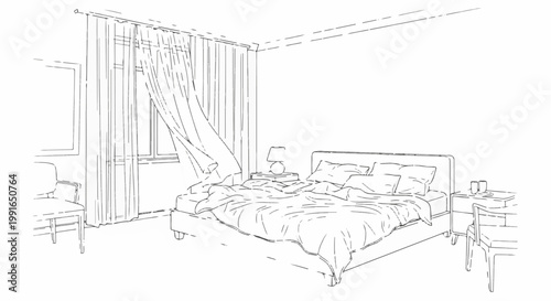 Sketch of a bedroom with a large unmade bed, window, and seating