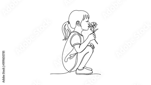 Continuous one line drawing of a little girl smelling a small flower. Continuous line style. Hand drawn. Line art. Vector design. illustration