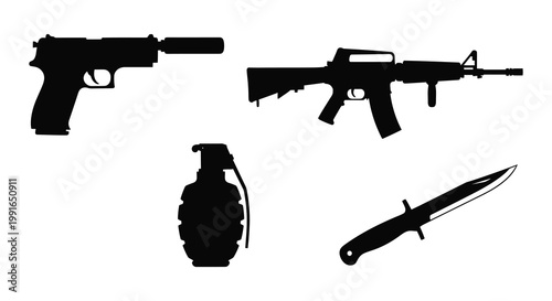 Surgical instruments displayed in a stark black graphic silhouette