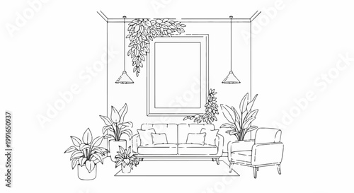 Sketch of a living room with a sofa, armchair, plants, and hanging lights