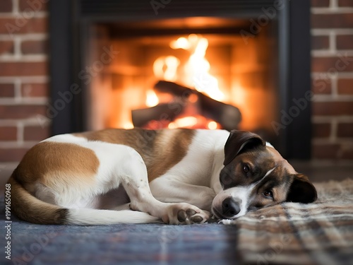 Dog Sleeping by Fireplace in Warm Light