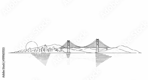 Sketch of a suspension bridge and city skyline at sunset reflected in water
