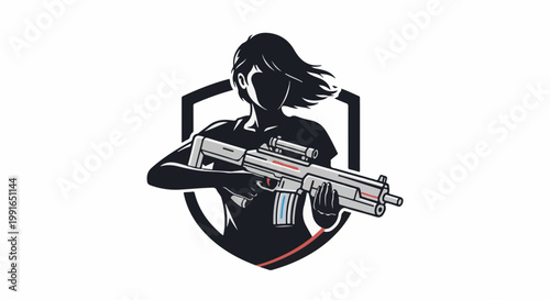 Silhouette of a woman with a rifle behind a shield emblem