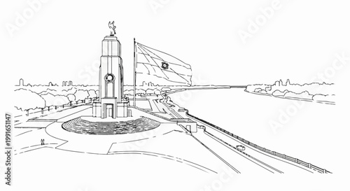 Sketch of a waterfront monument with a flagpole and city skyline