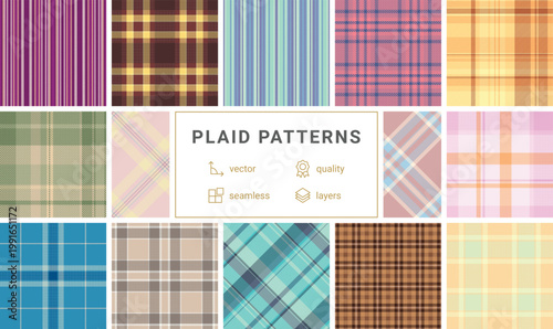 Plaid pattern set for report covers. Coordinated tartan patterns create professional and stylish presentation materials. Vector scalability ensures print quality.