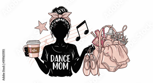 Silhouette of a woman with "Dance Mom" on her shirt, holding ballet shoes and a coffee