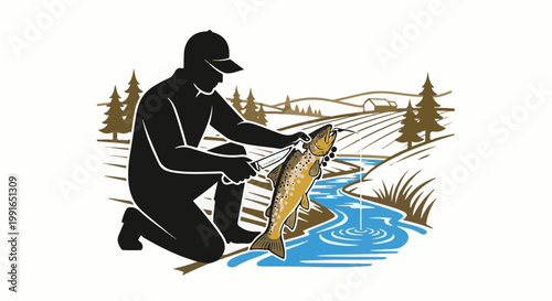 Silhouette of fisherman displaying a trout catch by a stream near fields
