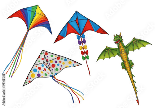 A group of colorful kites in different shapes isolated on transparent background, PNG