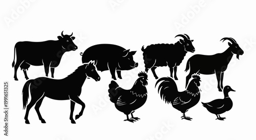 Silhouettes of farm animals including a cow, pig, horse, sheep, goat, chicken, rooster, and duck