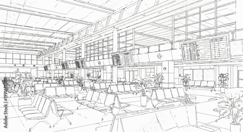 Sketchy interior of a modern airport waiting lounge with seats and departure boards