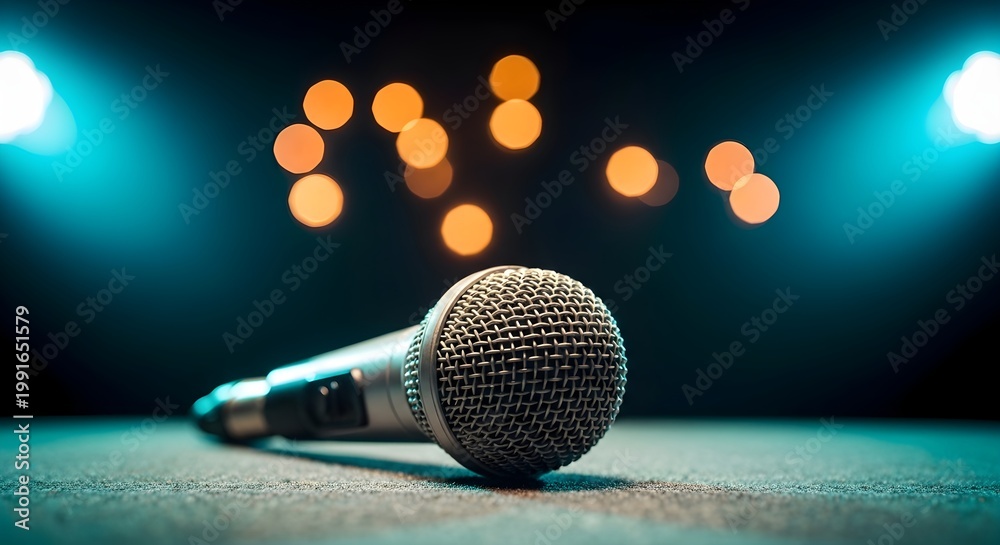 Obraz premium Close-up of Microphone on Stage with Bokeh Lights Background, Entertainment Event, Indoor Venue, Focused View