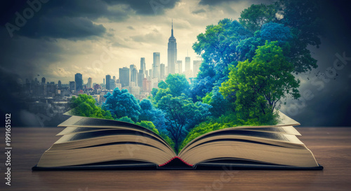 Open book with green forest and city skyline emerging from its pages, symbolizing fantasy storytelling and imagination, for education and reading
