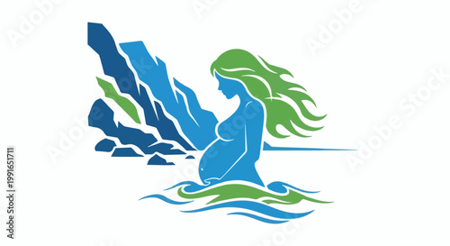 Silhouette of pregnant woman in water, with rocks and waves