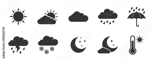 Weather icons set: sun, clouds, rain, umbrella, snow, moon, thermometer.