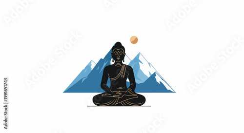 Serene Buddha meditating before snow-capped mountains under a sun