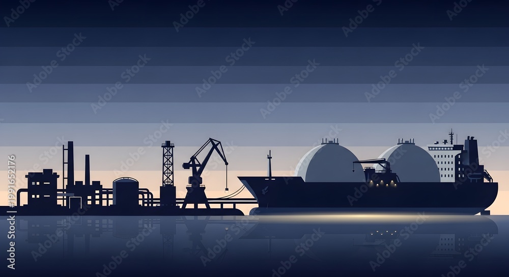 Obraz premium LNG tanker ship docked at industrial port terminal at night