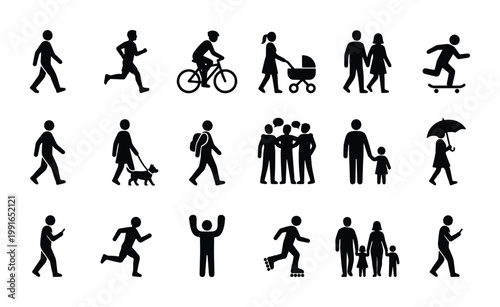 Black silhouette people icons set, diverse human figures in motion, pedestrian and outdoor activity vector collection, 18 flat stick man symbols