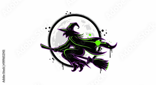 Silhouette witch flying on broomstick with moon and splashes