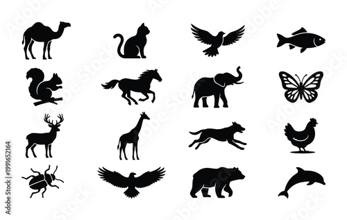 Black animal silhouettes collection, 16 vector icons of wildlife and pets, minimalist nature symbols for logo design and educational infographics