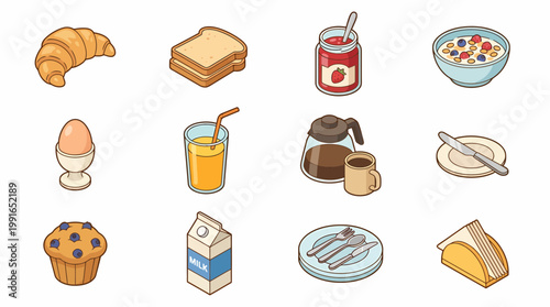 Isometric 3D icon set of breakfast food and drink items on a table