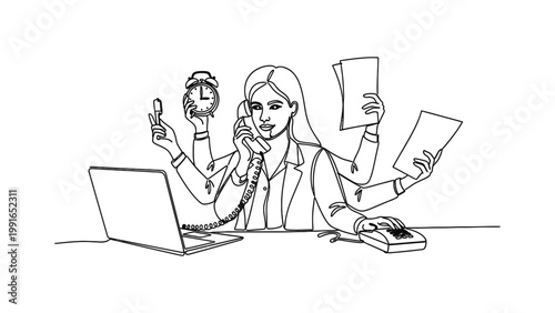 Multitasking business woman with many arms working efficiently. Continuous line style. Hand drawn. Line art. Vector design. illustration