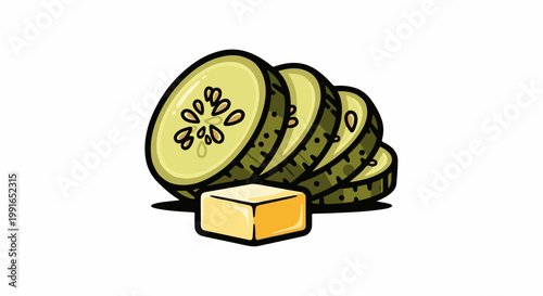 Sliced green vegetable rounds stacked with a yellow square