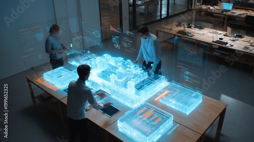 Three people working on a large digital holographic 3d model of a city on a table with futuristic interface