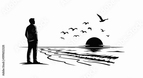Silhouette of a lone person observing a sunset over the ocean with flying birds
