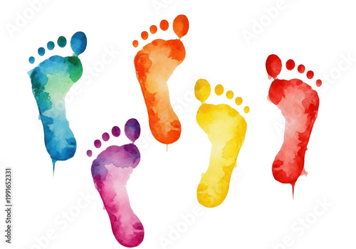 A group of colorful footprints in different directions isolated on transparent background, PNG