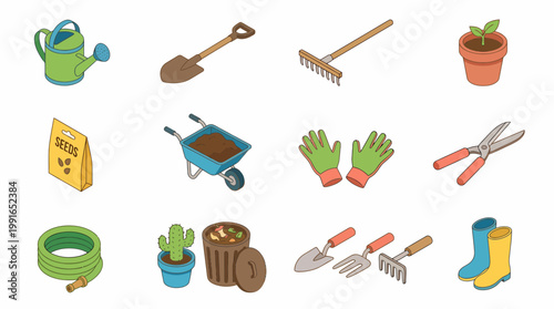 Isometric 3D icon set of gardening tools and equipment in a garden