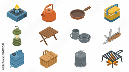 Isometric 3D icon set of camping equipment and tools on a plain background for outdoor activities