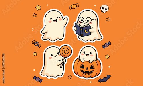 Cute ghost halloween pumpkin candy character set flat vector