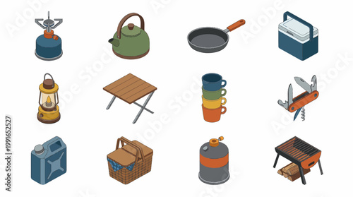 Isometric 3D icon set for outdoor camping and hiking activities