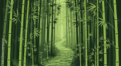 Serene pathway winds through a dense, green bamboo forest
