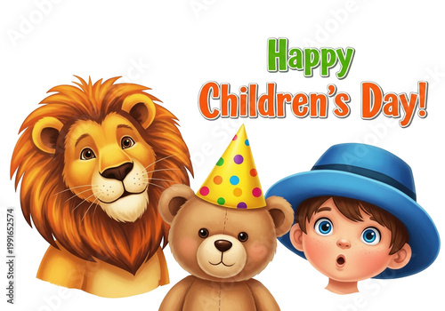 A lion a teddy bear and a boy on children's day isolated on transparent background, PNG