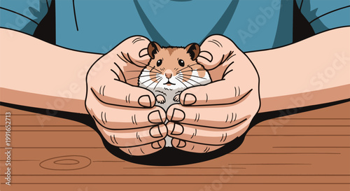 Small hamster nestled in caring human hands on wooden surface